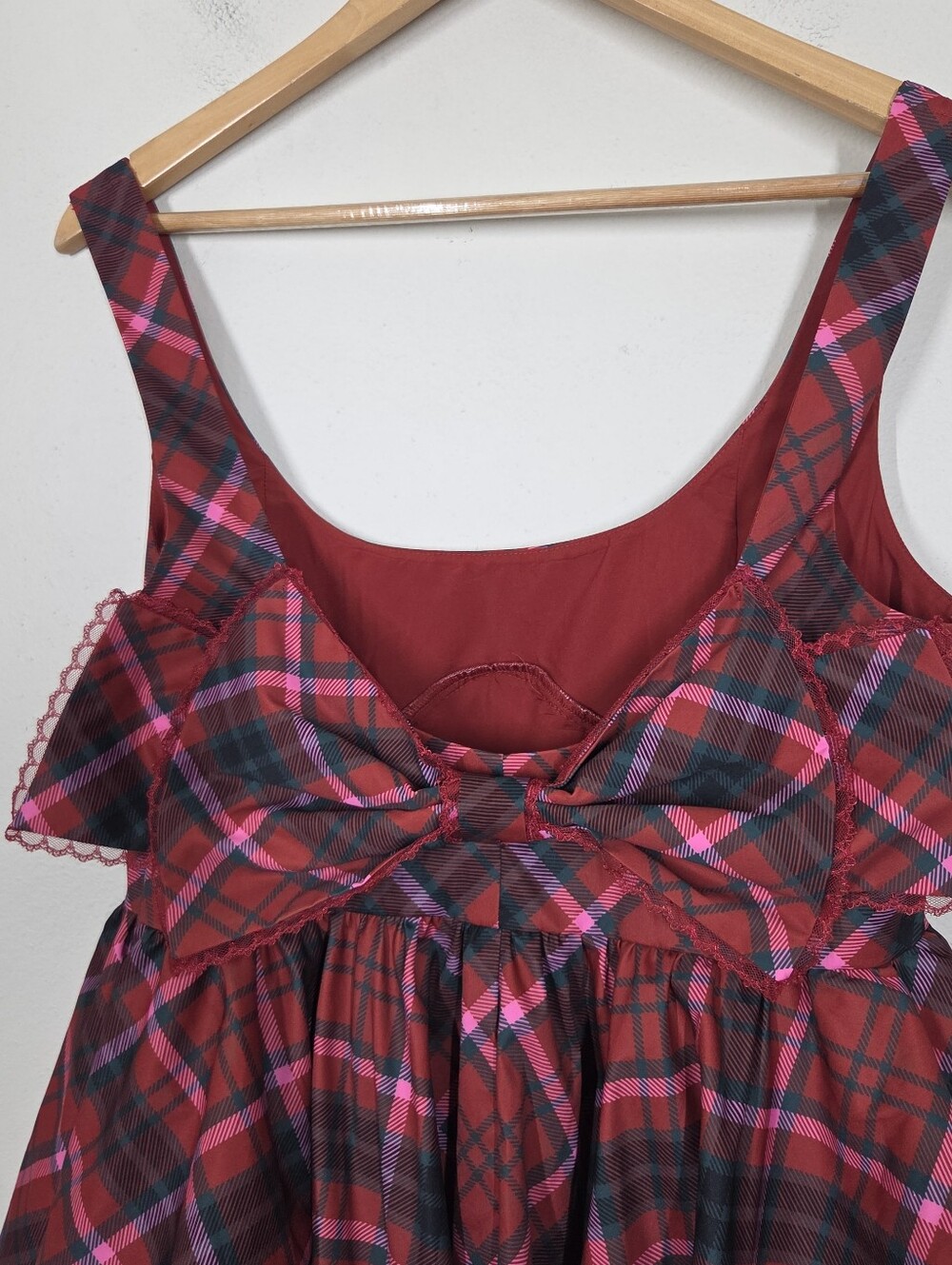 Altar'd State Red Pink Tartan Plaid Bow Babydoll Mini Dress Holiday Preppy Punk - Picture 5 of 9